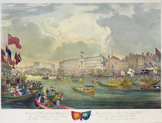 Vista, de, a, rio thames, durante, rei william iv, e, rainha, adelaide, abertura, ponte londres, gravado, por, dia william, (1797-1845), 1831